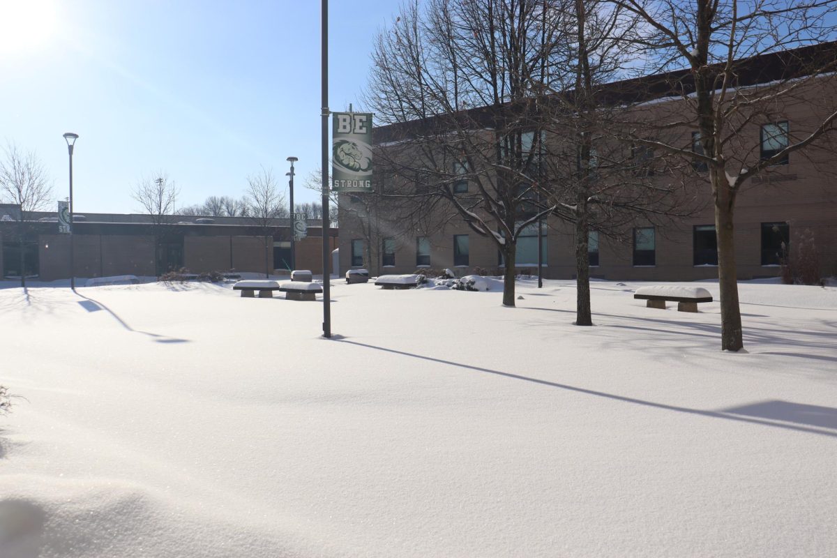 Snow covers the high school's courtyard. School was cancelled for three days due to road conditions and cold temperatures.