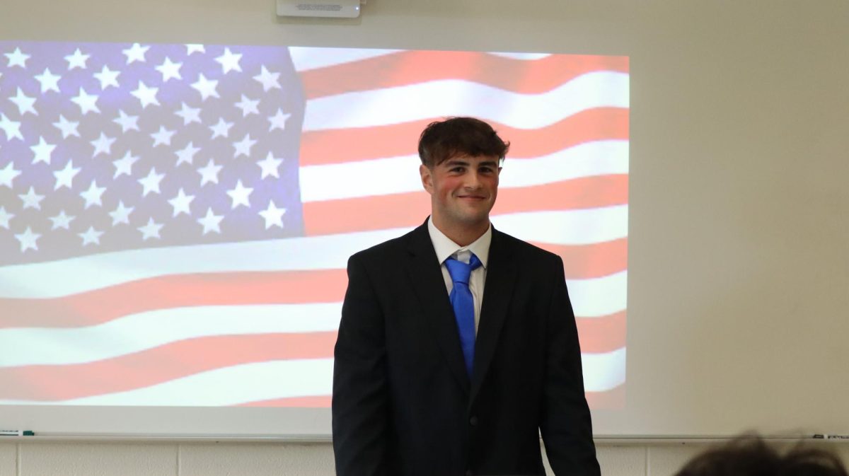 Jaidyn Sizler, junior, runs for office as part of his AP U.S. Government and Politics class. Students in AP Gov classes served as candidates, special interest groups, and the press to learn the election process.